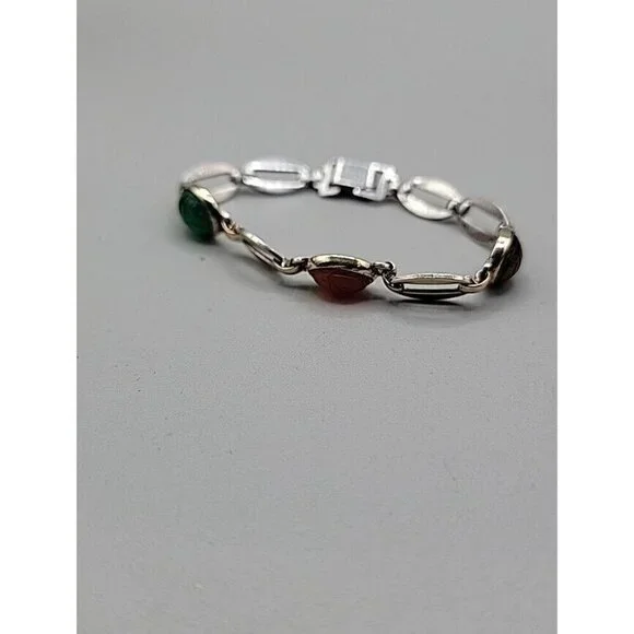 14k W. E. Richards Co. Symmetalic Sterling & Scarab Bracelet 6" Gemstones 1940s - Picture 7 of 15